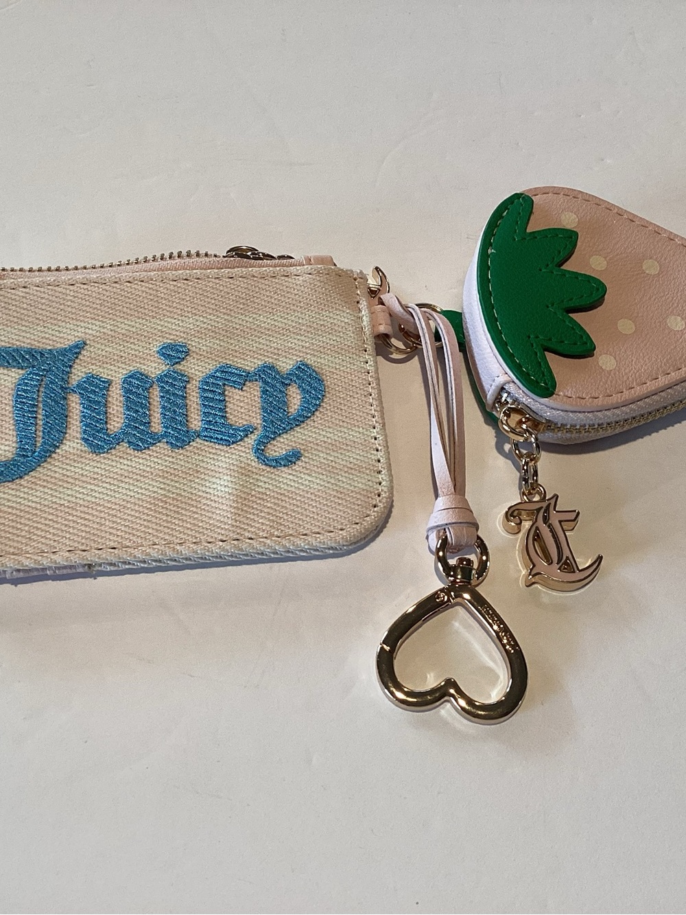 Juicy Couture Beige & Blue Logo Key Card Holder with Pink Strawberry Charm